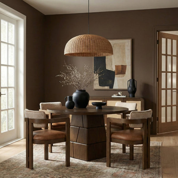 Meridian Furniture Tavio Round Pedestal Dining Table Art Deco Sculptural Base Seats Four for Stylish Rooms Brown Walnut 782Brown-T