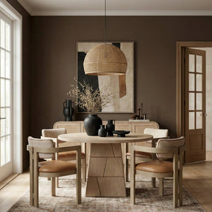 Meridian Furniture Tavio Round Pedestal Dining Table Art Deco Sculptural Base Seats Four for Stylish Rooms Natural 782Natural-T
