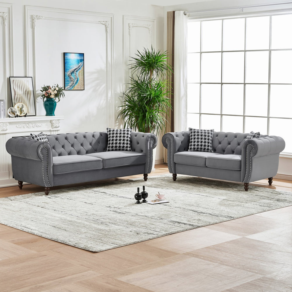 English Elm 3+2 Seater Chesterfield Velvet Sofa Set - Modern Gray Upholstery With Nailhead Trim For Elegance W3373S00014