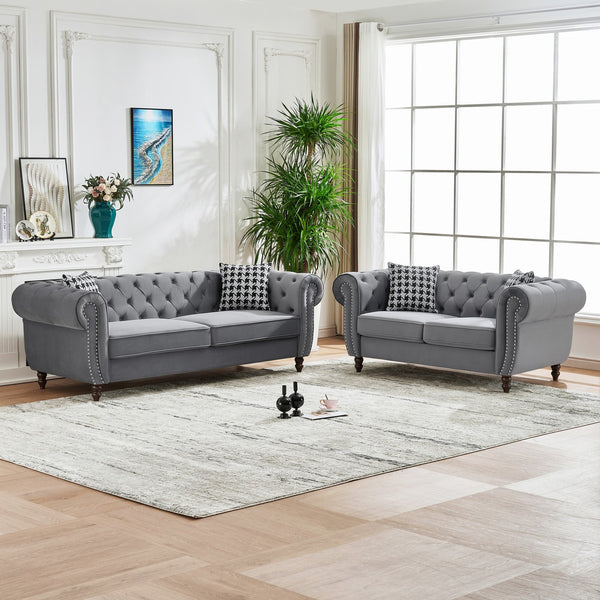 English Elm 3+2 Seater Chesterfield Velvet Sofa Set - Modern Gray Upholstery With Nailhead Trim For Elegance W3373S00014