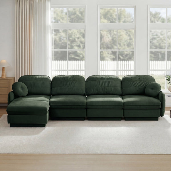 English Elm 137" Oversized Chenille Sectional Sofa with Movable Ottoman and Quilted Cushions Green W714S01772