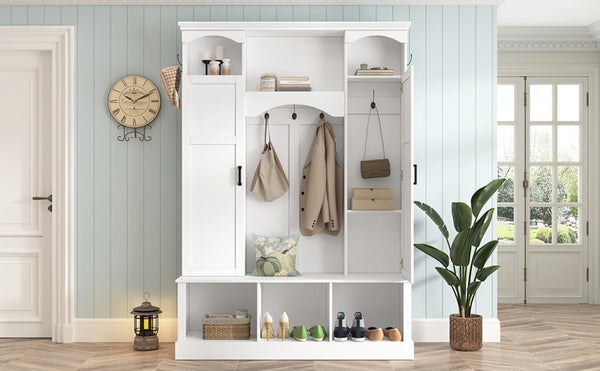 English Elm On-trend Farmhouse Hall Tree with Dual Cabinets Seven Hooks and Arched Entryway Storage White N721S000078K
