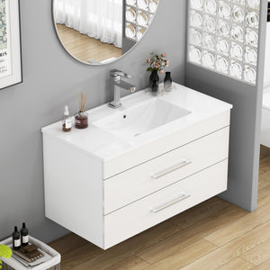 English Elm 36-Inch Modern Wall-Mounted Bathroom Vanity With Soft-Close Drawers & Glossy White Ceramic Sink W3151S00050