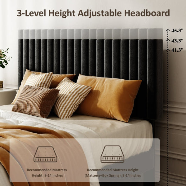 English Elm Queen Velvet Tufted Platform Bed Adjustable Headboard Steel Frame No Box Spring Black W5239P502686