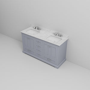 English Elm Dark Grey Double Bath Vanity 60 in W x 22 in D with Carrara Marble Top, Soft-Close Drawers & Faucet Set B2731P258375