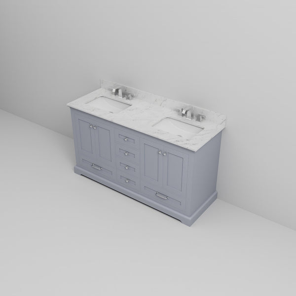 English Elm Dark Grey Double Bath Vanity 60 in W x 22 in D with Carrara Marble Top, Soft-Close Drawers & Faucet Set B2731P258375