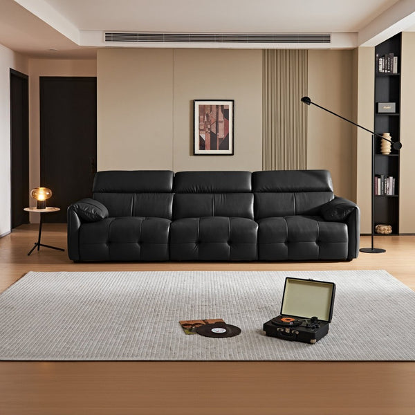 English Elm Genuine Top-grain Leather Three-seat Sofa with Reclining Backrests and Center Storage W1765S00130