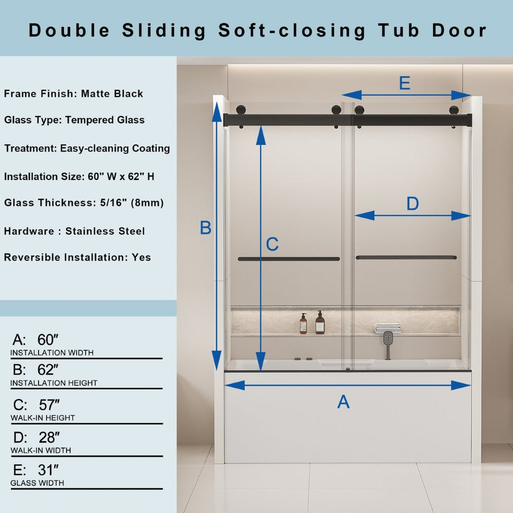 English Elm 56-60 in Frameless Bypass Tub Shower Door Soft Close Tempered Glass Brushed Nickel W1920P385333