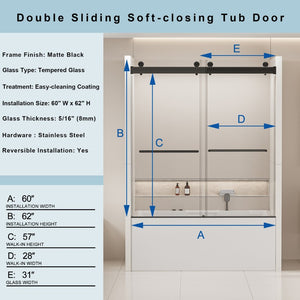 English Elm 56-60 in Frameless Bypass Tub Shower Door Soft Close Tempered Glass Brushed Nickel W1920P385333