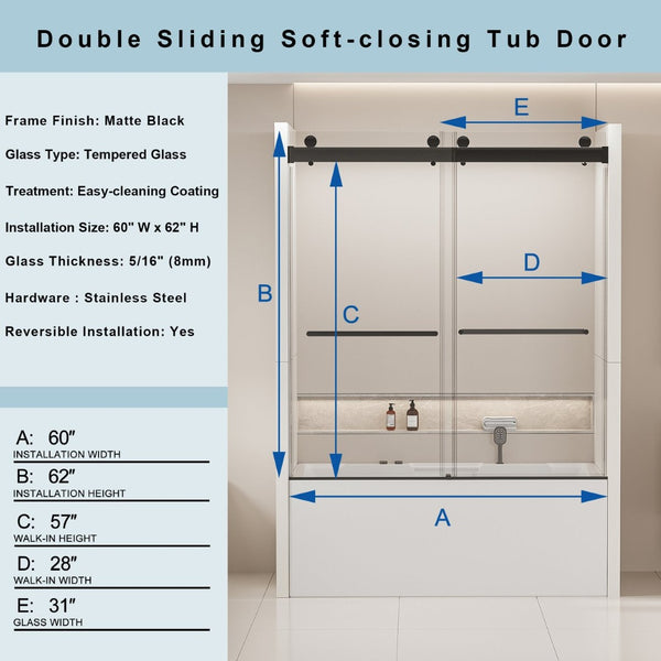 English Elm 56-60 in Frameless Bypass Tub Shower Door Soft Close Tempered Glass Brushed Nickel W1920P385333