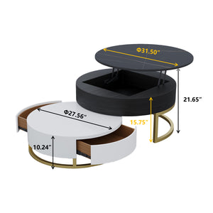 English Elm Dolce Round Lift-Top Wood Coffee Table with Convertible Heights and Sturdy Iron Frame, Modern Chic Black White B341S00041