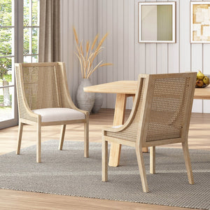 English Elm Dining Chair Set of 2 Rubberwood Cane Webbing Back Upholstered Farmhouse Style Beige N771P388970G