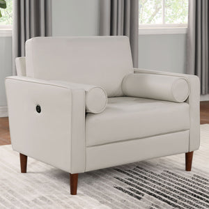 English Elm Mid-Century Off-White Leatherette Chair with Tufted Bench Seat, Bolster Pillows & USB Outlet B011P203541