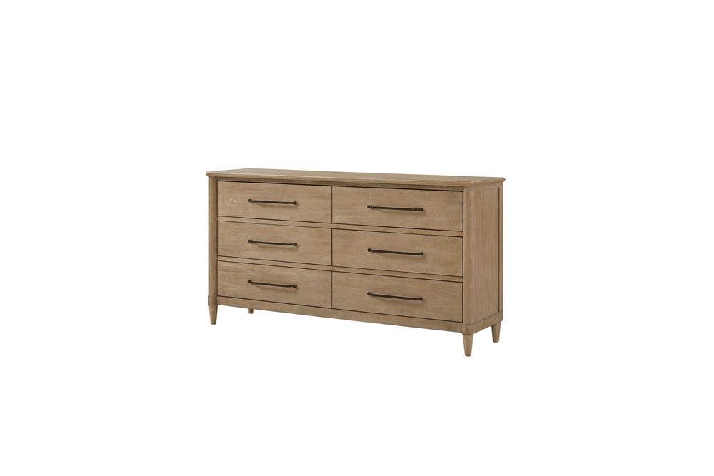 English Elm King Sand 6-Piece Panel Bedroom Set with Cedar/Felt Lined Drawers, USB Nightstand & Cane Accents B2699S00056