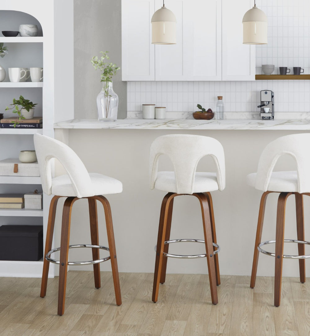 English Elm Fixed-height Swivel Barstools Walnut Bentwood Legs Chrome Footrest Kitchen Set of 2 B202S01880