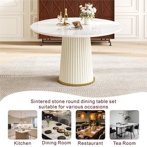 English Elm Modern 43.3" Round Dining Table with Glossy Sintered Stone Top, Pleated PU Leather Pedestal, Stable Adjustable Feet W3456S00054