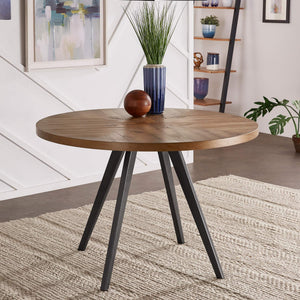 Aurthur Oak Parquet Round Dining Table with Mid-century Metal Base Seats Four
