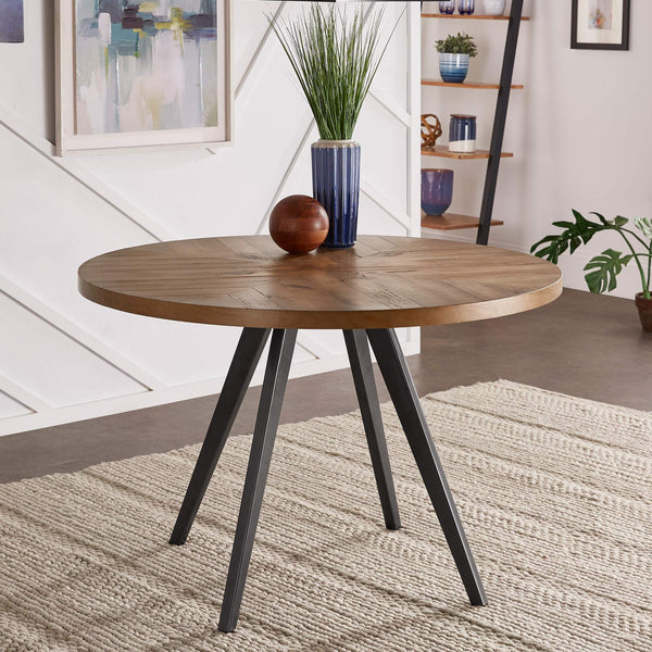 Aurthur Oak Parquet Round Dining Table with Mid-century Metal Base Seats Four