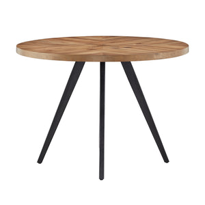 Aurthur Oak Parquet Round Dining Table with Mid-century Metal Base Seats Four