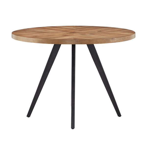 Aurthur Oak Parquet Round Dining Table with Mid-century Metal Base Seats Four