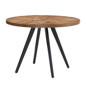 Aurthur Oak Parquet Round Dining Table with Mid-century Metal Base Seats Four