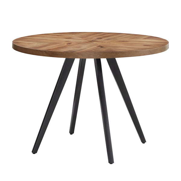 Aurthur Oak Parquet Round Dining Table with Mid-century Metal Base Seats Four