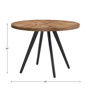 Aurthur Oak Parquet Round Dining Table with Mid-century Metal Base Seats Four