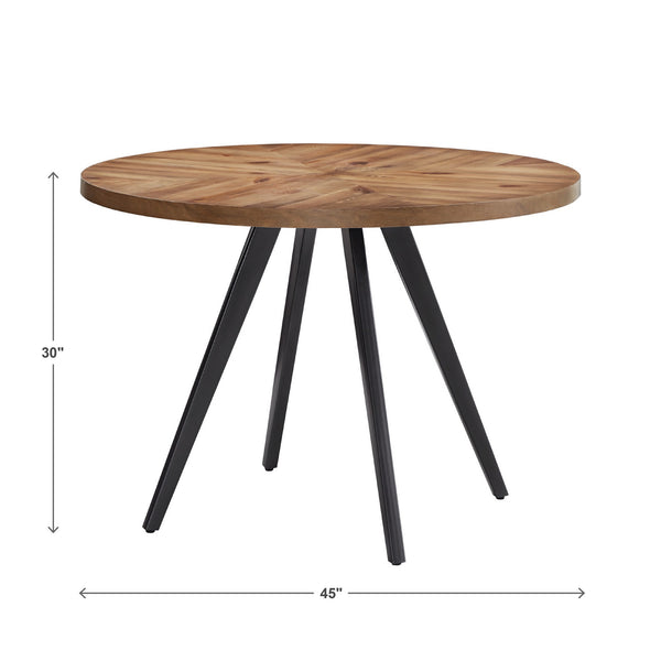 Aurthur Oak Parquet Round Dining Table with Mid-century Metal Base Seats Four