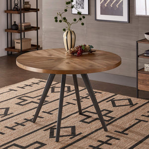 Aurthur Oak Parquet Round Dining Table with Mid-century Metal Base Seats Four