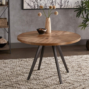 Aurthur Oak Parquet Round Dining Table with Mid-century Metal Base Seats Four