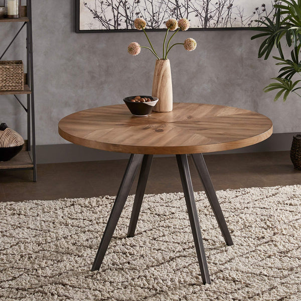 Aurthur Oak Parquet Round Dining Table with Mid-century Metal Base Seats Four
