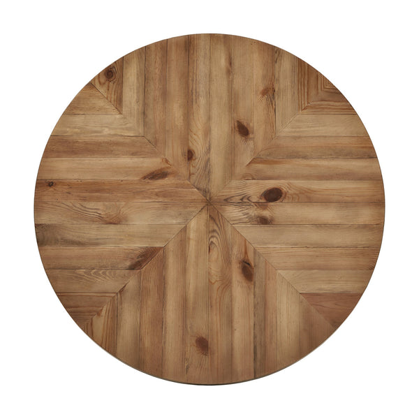 Aurthur Oak Parquet Round Dining Table with Mid-century Metal Base Seats Four
