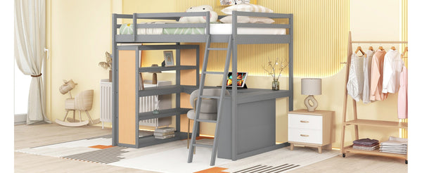 English Elm Full Size Loft Bed with Desk Shelves Writeable Board Pine Frame Gray Finish LT100226AAE-1