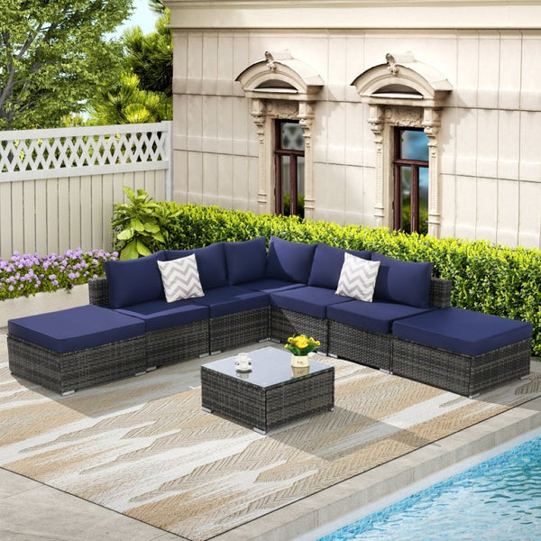English Elm 8 Piece Modular Wicker Sectional Set with Tempered Glass Table for Patio Resort Style Dark Blue W874S00058