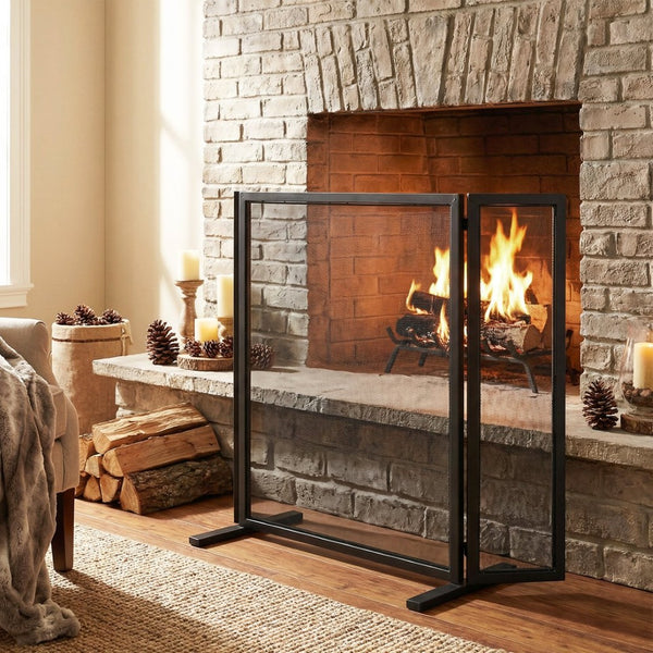 English Elm Quiana Three Panel Wrought Iron Hearth Screen Matte Black Mesh for Modern Loft Decor N775P386892B