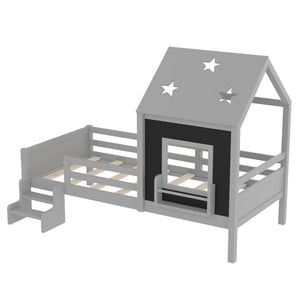 English Elm Full Bunk Bed with Trundle Bookshelf Storage Pine Frame Car Design for Kids Gray W1580S00294