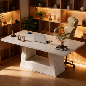 English Elm Spacious Faux Marble Executive Office Desk with Trapezoidal Legs for Modern Workspaces T3971P449349