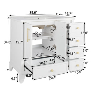 English Elm 35.6" Freestanding Bathroom Vanity with Roman Column Base and Ceramic Integrated Sink White W1801S00003