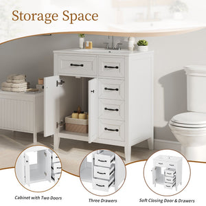 English Elm [video] 30 Inch Freestanding Bathroom Vanity White Mdf Pine Legs Ceramic Sink Soft Close N759P394442K