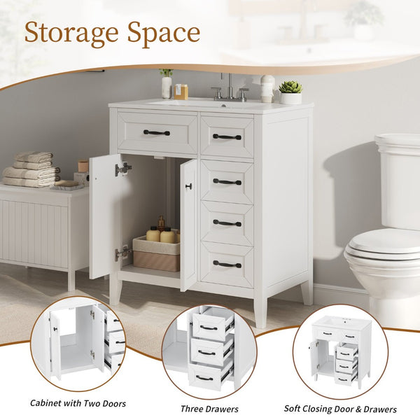 English Elm [video] 30 Inch Freestanding Bathroom Vanity White Mdf Pine Legs Ceramic Sink Soft Close N759P394442K