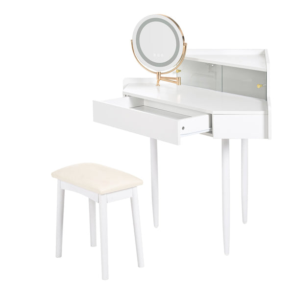 English Elm Modern Corner Makeup Vanity Desk with 360° Rotating LED Mirror, Drawer, Cabinet & Cushioned Stool N844P263664A
