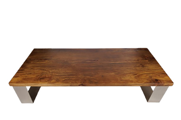 English Elm Minimalistic Low Profile Rectangular Coffee Table with Polished Metal Legs for Loft Living B024P357597