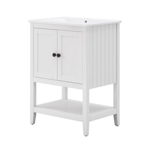English Elm 24" Morandi White Bathroom Vanity with Ceramic Sink, Solid Wood Frame & Open Shelf, Modern Elegance N725P189823K