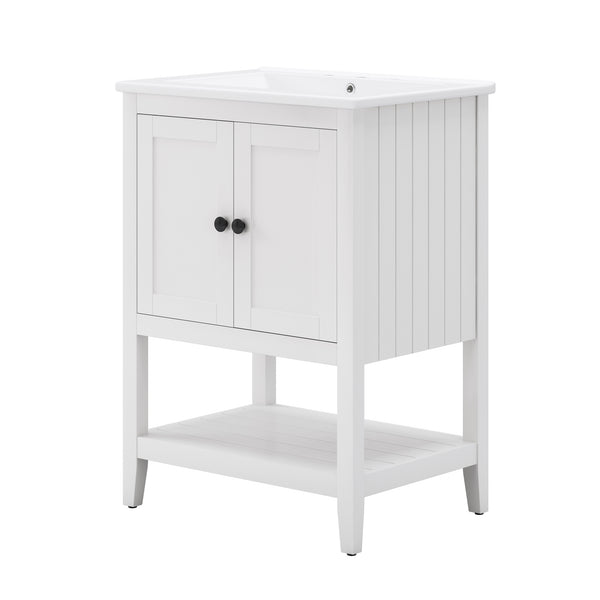 English Elm 24" Morandi White Bathroom Vanity with Ceramic Sink, Solid Wood Frame & Open Shelf, Modern Elegance N725P189823K