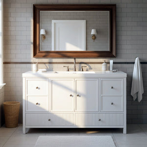 English Elm 60" Freestanding Bathroom Vanity Fluted Fronts Soft Close Drawers Drop-in Sink White N817P404100W