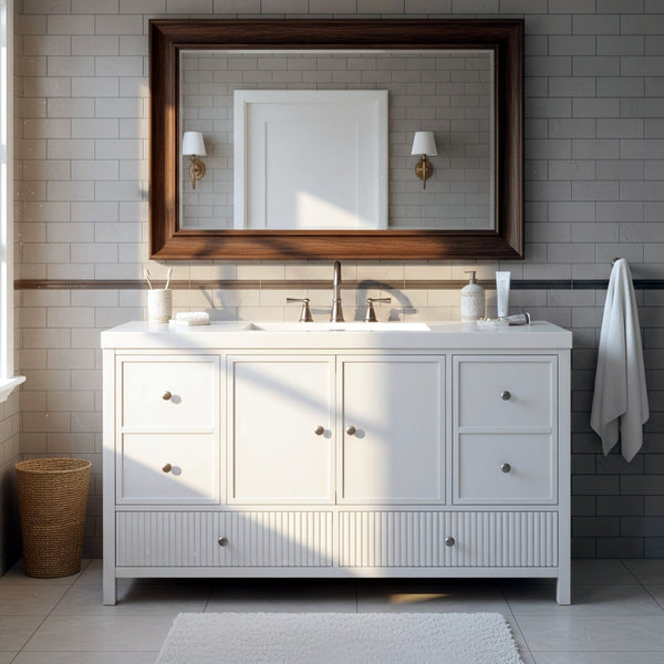 English Elm 60" Freestanding Bathroom Vanity Fluted Fronts Soft Close Drawers Drop-in Sink White N817P404100W