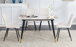 English Elm Table And Chair Set - Elegant 4-Seater Sintered Stone Dining Table With White Pu Chairs For Comfort W1151S04206-GIGA