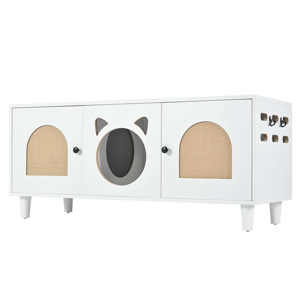 English Elm Modern Wood Cat Cabinet with Sisal Scratcher, Magnetic Litter Box Enclosure with Storage & Hooks, Cream White N843P252373C