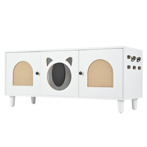 English Elm Modern Wood Cat Cabinet with Sisal Scratcher, Magnetic Litter Box Enclosure with Storage & Hooks, Cream White N843P252373C