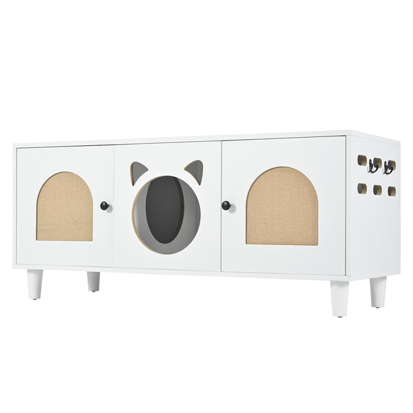 English Elm Modern Wood Cat Cabinet with Sisal Scratcher, Magnetic Litter Box Enclosure with Storage & Hooks, Cream White N843P252373C